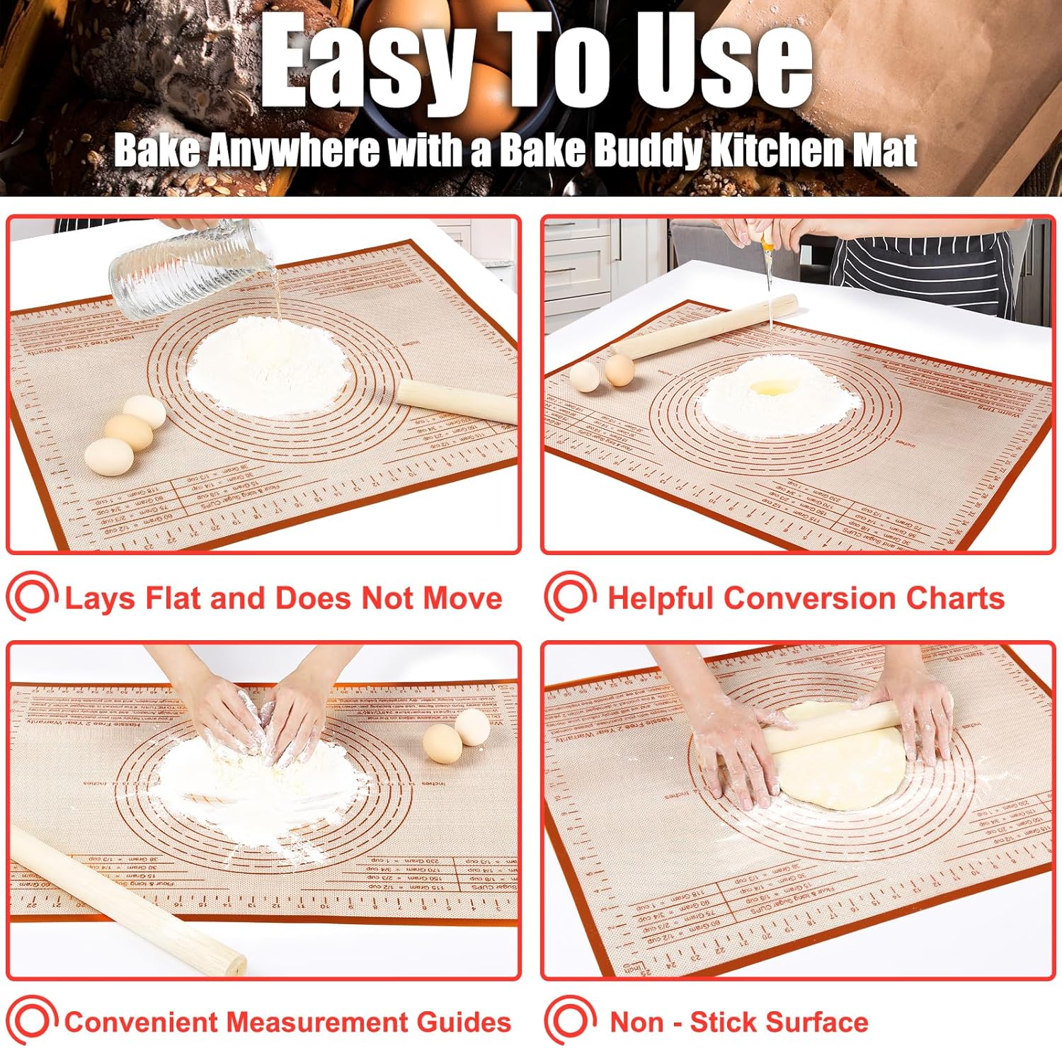 Skiennix Non-Slip Silicone Pastry Mat - Extra Large 36'' x 24'' Nonstick Baking Surface for Dough & Pastry