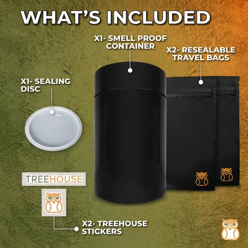 Treehouse Smell Proof Container (500mL) for Herbs, Spices, Coffee, Teas & More - Plus x2 Resealable Smell Proof Bags