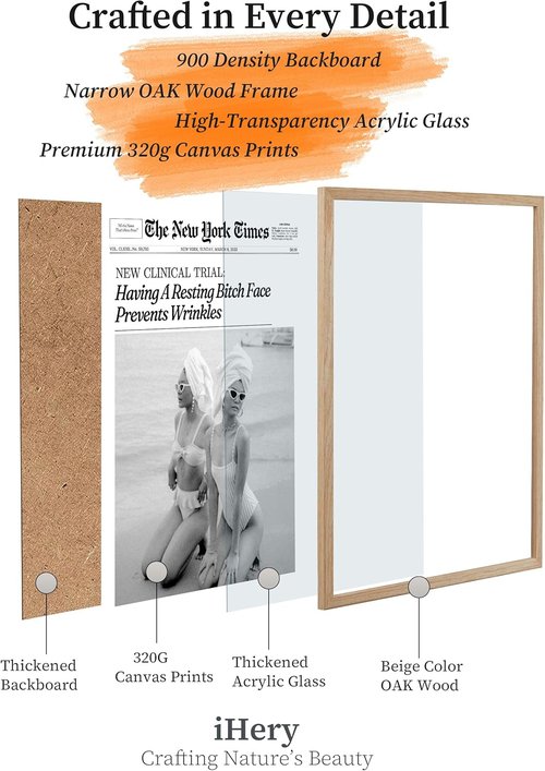 iHery Wall Art | Trendy Framed Canvas Decor - Prevents Wrinkles, Natural Oak, Large 16x20in