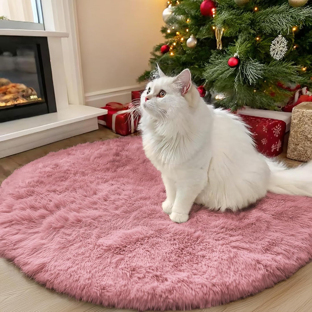 OLANLY Round Area Rug - Soft & Fluffy Pale Pink Shag Carpet, 3 ft Circle for Bedroom & Nursery Decor