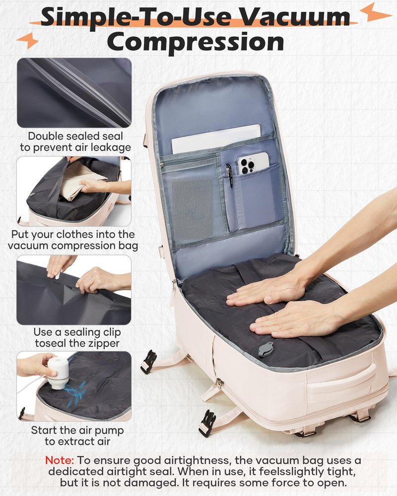 SEAFEW Large Travel Backpack with Vacuum Seal Compression, Vacuum Travel Flight Backpack with Electric Pump, Waterproof Work Backpack Compression bags Casual Daypack with USB Charging Port, Beige
