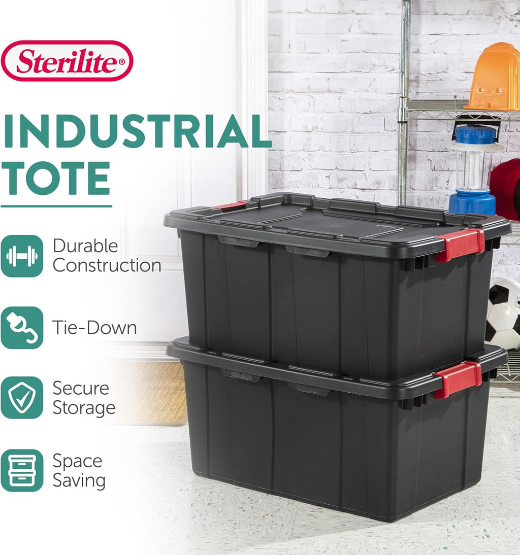 Sterilite 6-Pack Industrial Tote - Heavy-Duty Plastic Storage Bins with Lids | 15 Gallon, Black