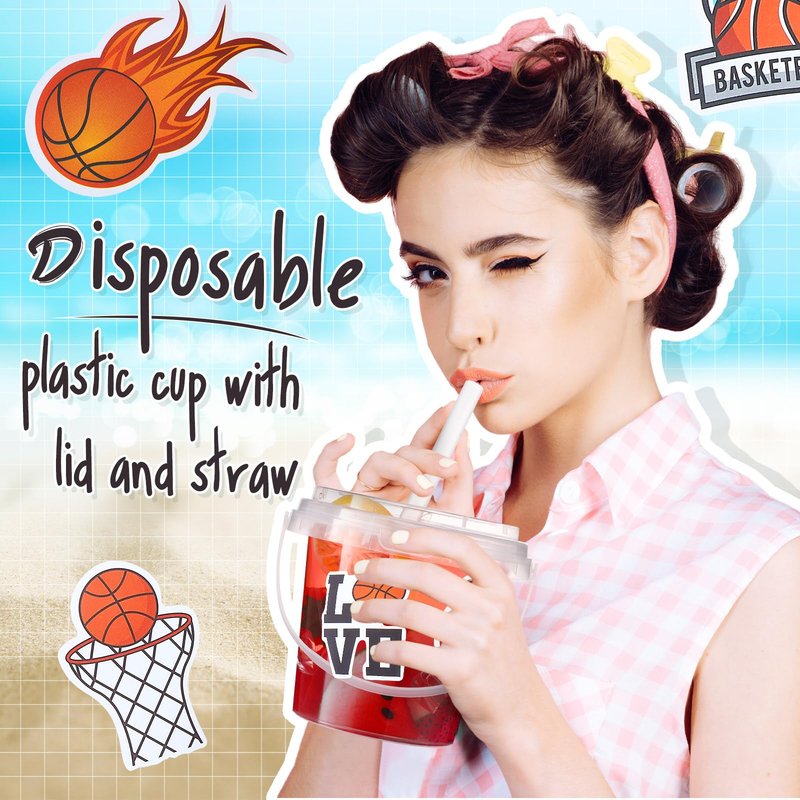 Funnymoom 30 Sets Clear Plastic Cups 24 oz Ice Cream Buckets with Lids & Straws Disposable Drink Cups Cocktail Pails Bulk with Handles and Stickers for Outdoor Beach Birthday Pool Party(Halloween)