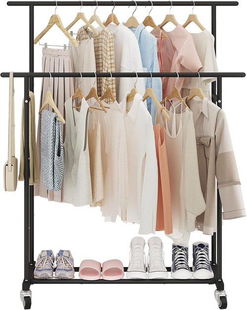 Calmootey Double Rod Clothing Rack - Portable Rolling Organizer for Bedroom & Living Room - Black