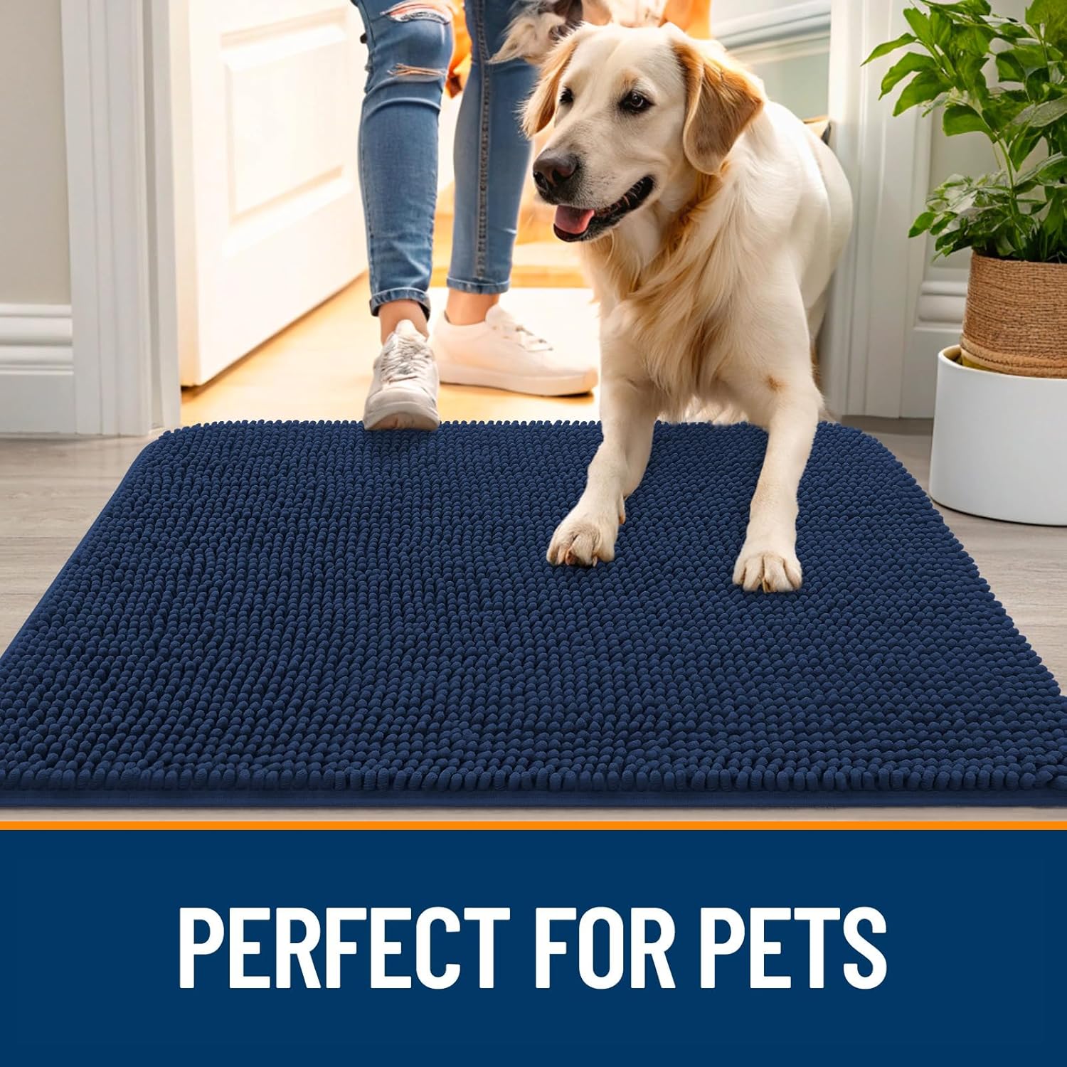 OLANLY Dog Door Mat - Absorbent Non-Slip Chenille for Muddy Paws | 40x24 Dark Blue Quick Dry Doormat