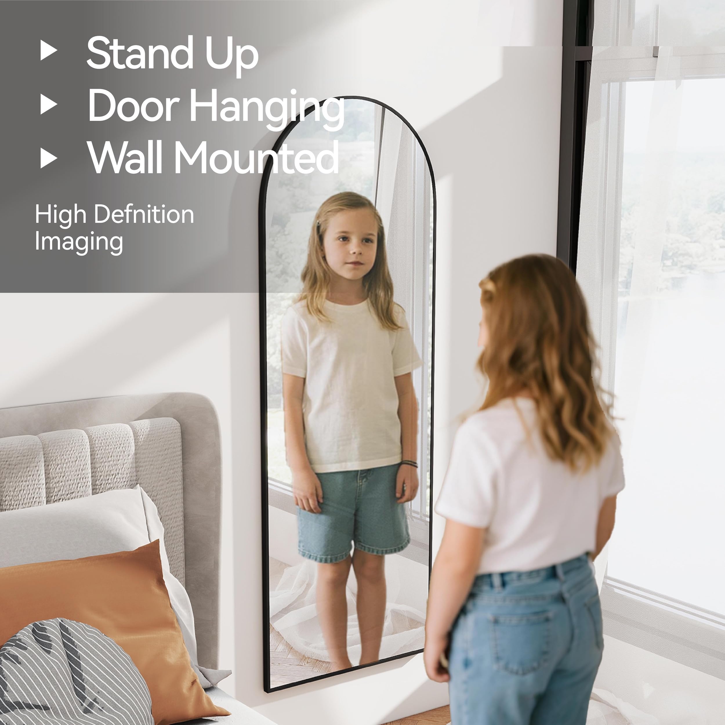 SCWF-GZ 57x20 Door Hanging Full Length Mirror, Floor (Height 5.7ft just Body in1.3ft) or Wall Mounted Metal Frame Arch Dressing Mirrors for Bedroom Bathroom Living Room 57 20 inch Black