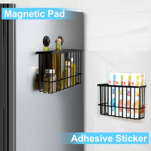 2 Pack Magnetic Basket, Magnetic Dryer Ball Holder for Laundry Room Dryer Ball Organization with 4 Caddy Adhesive Stickers, Cabinet Door Organizer for Kitchen Wrap Food Bag Tin Foil Storage, Black
