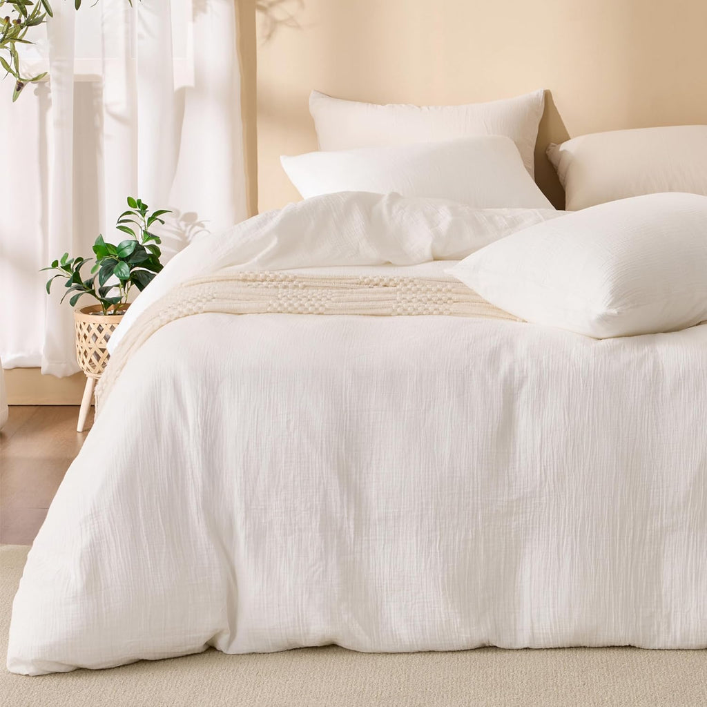 Skiennix Off White Queen Duvet Cover Set - 100% Sandwashed Cotton, 3 Pieces with Zipper Closure & Corner Buttons