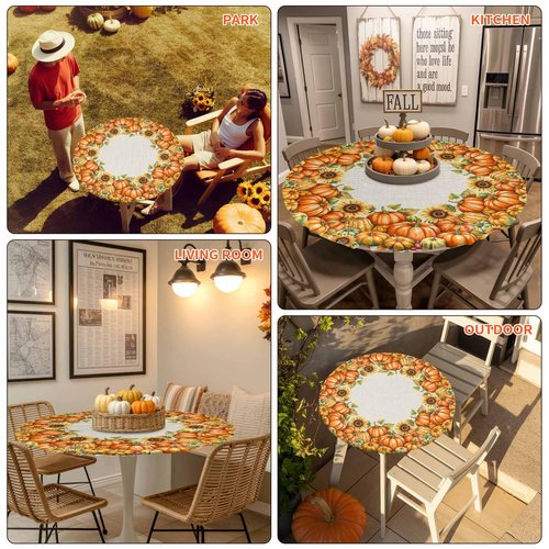 Round Fitted Tablecloth Elastic Edged Table Cover,Thanksgiving Fall Seamless Pumpkin Waterproof Wipeable Table Cloths for Kitchen Dining Party Fit up 55-60in Tables,Watercolor Maple Leaves on Burlap