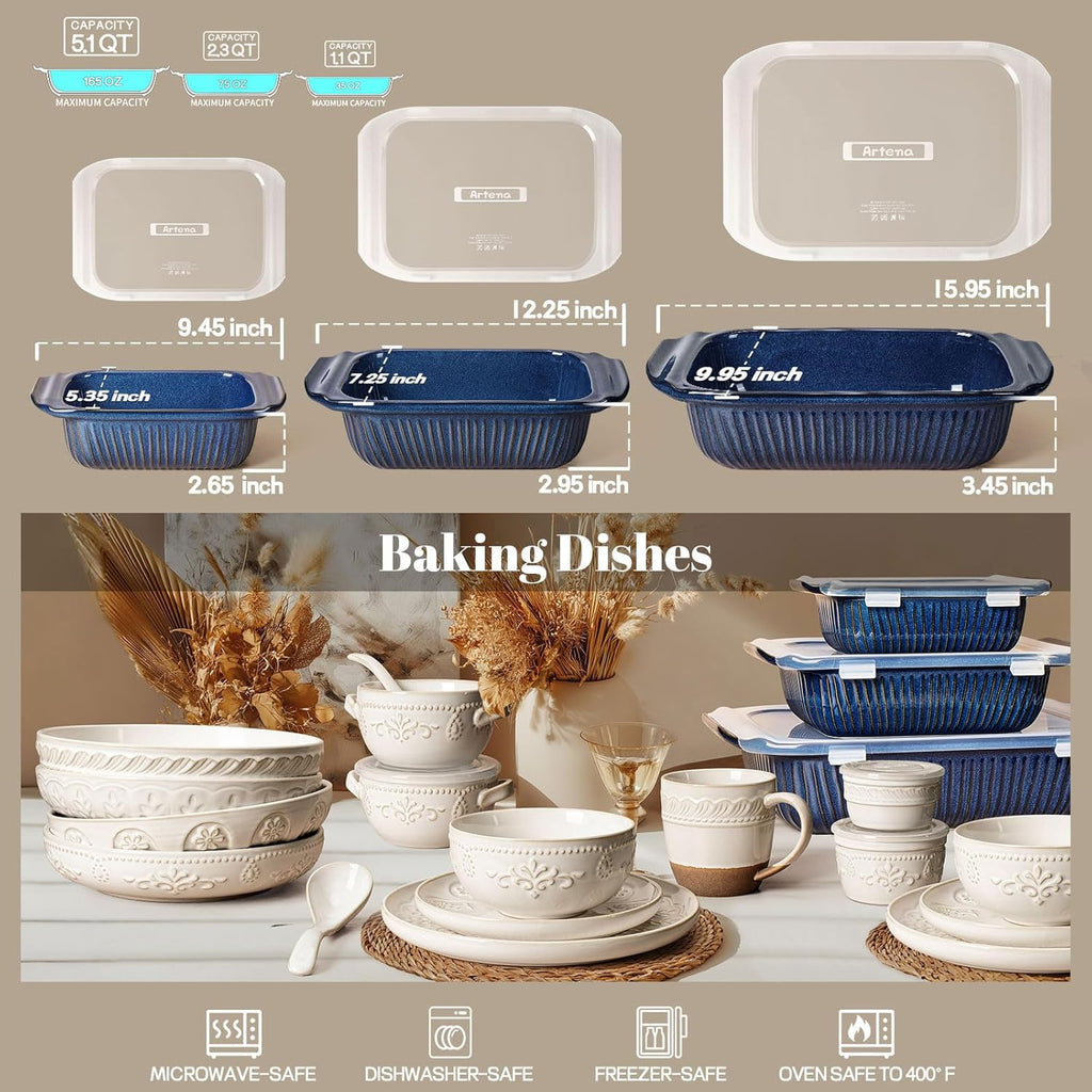 Artena Casserole Dishes - Ceramic Baking Dish Set of 3 | Large Lasagna Pan with Handles (Blue)