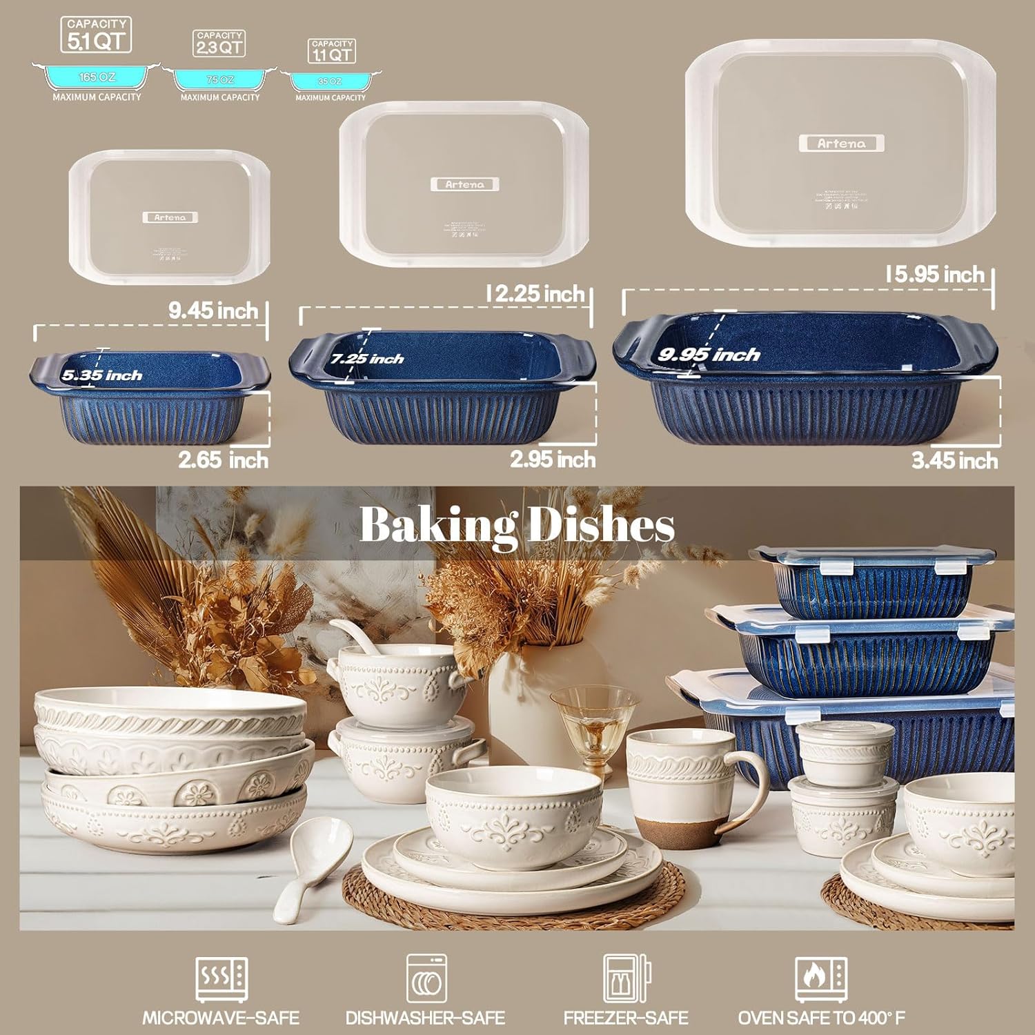 Artena Casserole Dishes - Ceramic Baking Dish Set of 3 | Large Lasagna Pan with Handles (Blue)