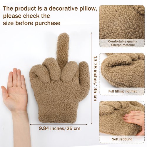 Menkxi Small Middle Finger Decorative Pillow 13.78 x 9.84 in Funny Shaped Sherpa Fleece Throw Pillow Warm Soft Emoticon Cushion Middle Finger Decor for Couch Gag Gift(Light Brown)