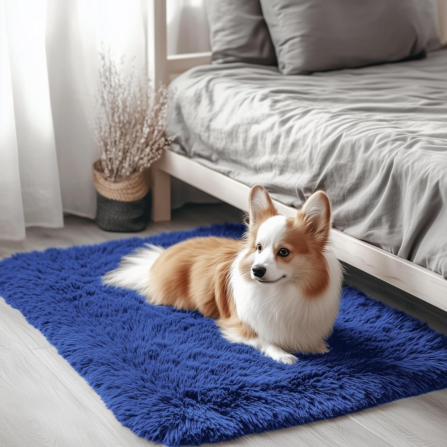 OLANLY Soft Fluffy Shaggy Bedside Rug - Machine Washable 3x3 Navy Blue Carpet for Kids & Nursery Decor