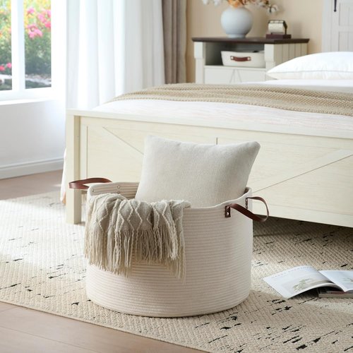 Luxury Nursery Storage Basket - 100% Cotton Rope, Extra Large 22 x 22 x 14 Inches | Off White with Leather Handles for Toys, Blankets & More