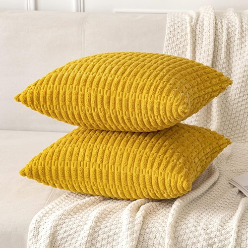 MIULEE Corduroy Throw Pillow Covers - Soft Boho Striped Design | 18x18 Inch Mustard Yellow for Modern Home Decor