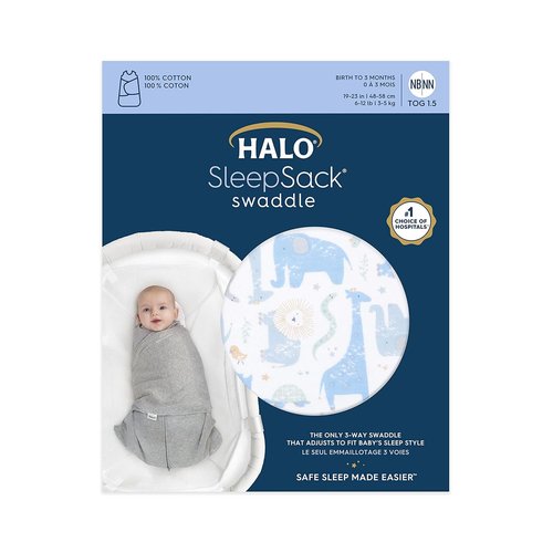 HALO Sleepsack Swaddle - 100% Cotton 3-Way Adjustable Wearable Blanket, TOG 1.5, Blue Safari, Newborn 0-3 Months