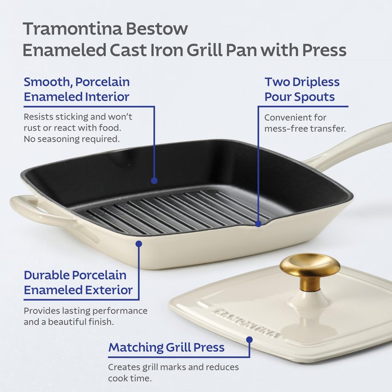 Tramontina Bestow Enameled Cast Iron Skillet with Lid, 10-inch Frying Pan, Latte with Gold Knob