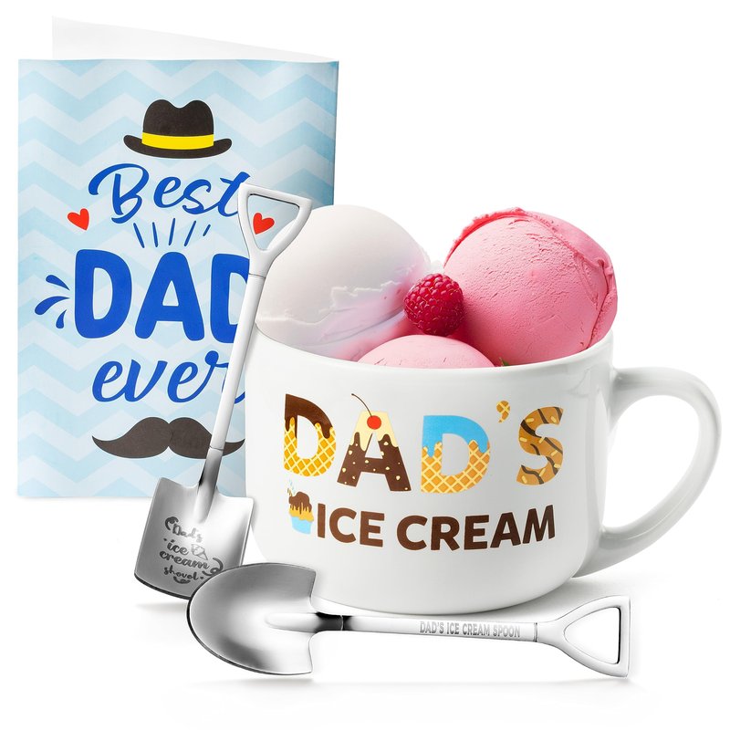 R HORSE Father Ice Cream Bowl Gift Set, Dad’s Ice Cream Bowl Engraved Shovel Spoon Set with Best Dad Ever Card, Desserts Cereal Fruit Tableware Kit Father’s Day Birthday Gift Box for Daddy Grandpa Men