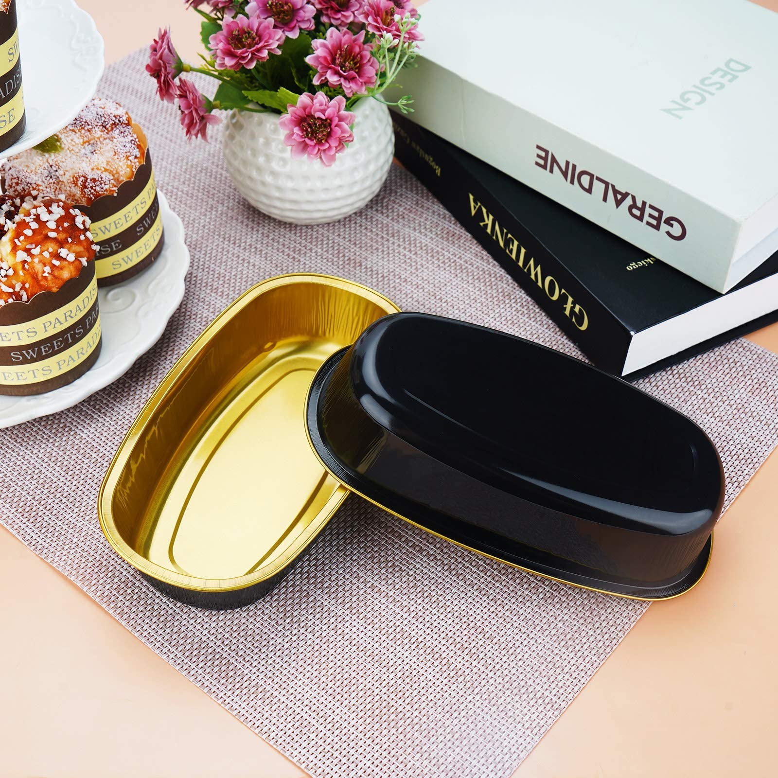 Aluminum Ramekins Loaf Pans with Lids, Beasea 8 oz & 6 Inch 100 Pack Disposable Cake Pan, Aluminum Foil Cups Oval Baking Pan Cheesecake Pan Aluminum Pans Meat Bakeware for Oven