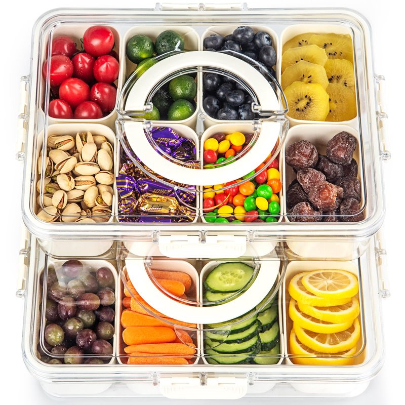 Divided Serving Tray with Lid and Handle,Portable Snack Box Container Snack,Veggie Tray Charcuterie Boxes Fruit Tray Candy Organizer for Entertaining,Party,Picnic,2Pack