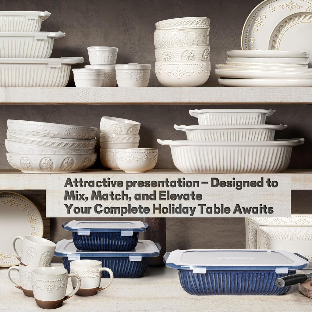 Artena Casserole Dishes - Ceramic Baking Dish Set of 3 | Large Lasagna Pan with Handles (Blue)