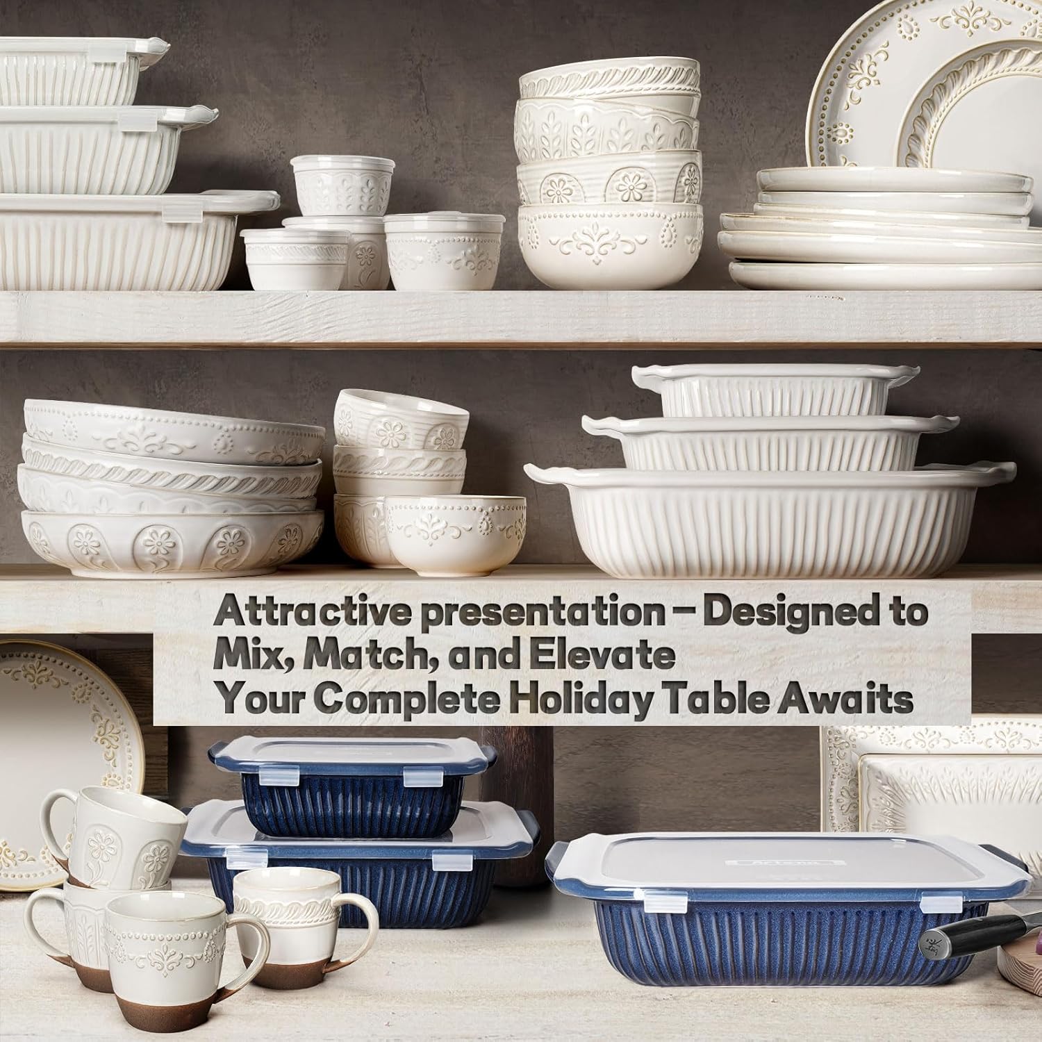Artena Casserole Dishes - Ceramic Baking Dish Set of 3 | Large Lasagna Pan with Handles (Blue)