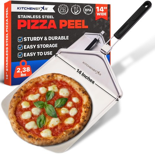 KitchenStar Stainless Steel Pizza Peel 14 inch with 10 inch Folding Handle, Large - Spatula Paddle for Effortless Pizza Transfer & Easy Storrage - Outdoor Pizza Oven Accessories