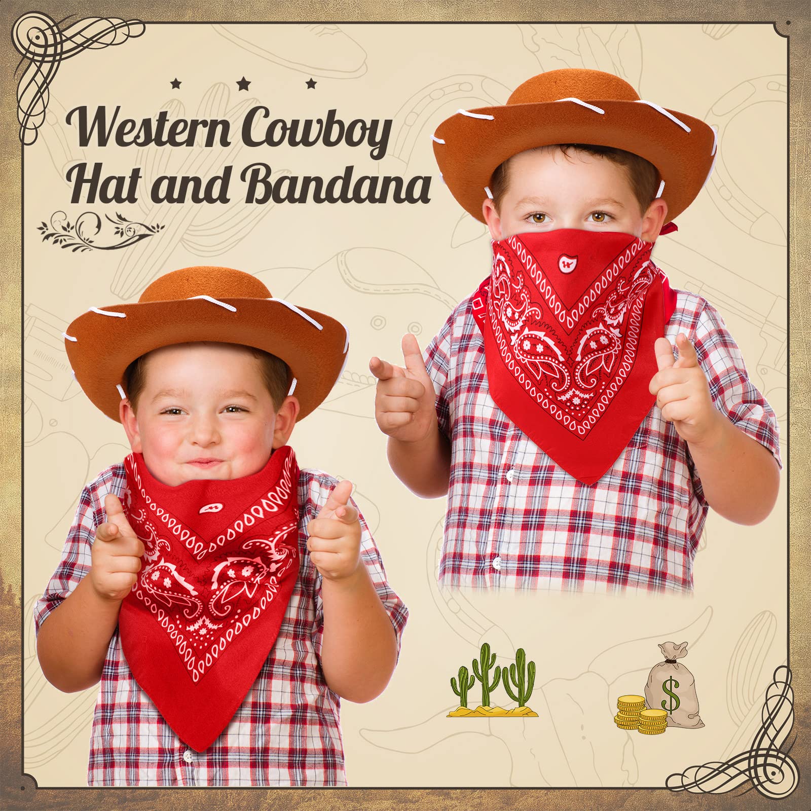 Unittype 18 Sets Cowboy Hats and Bandanas Bulk Kids Western Cowboy Costume Accessories Kids Party Supplies(Brown, Red)