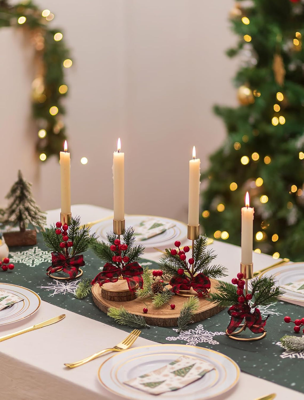 Romadedi Candle Holders - Gold Taper Candlestick Holders with Red Berry Decoration | Set of 2 for Festive Christmas Decor