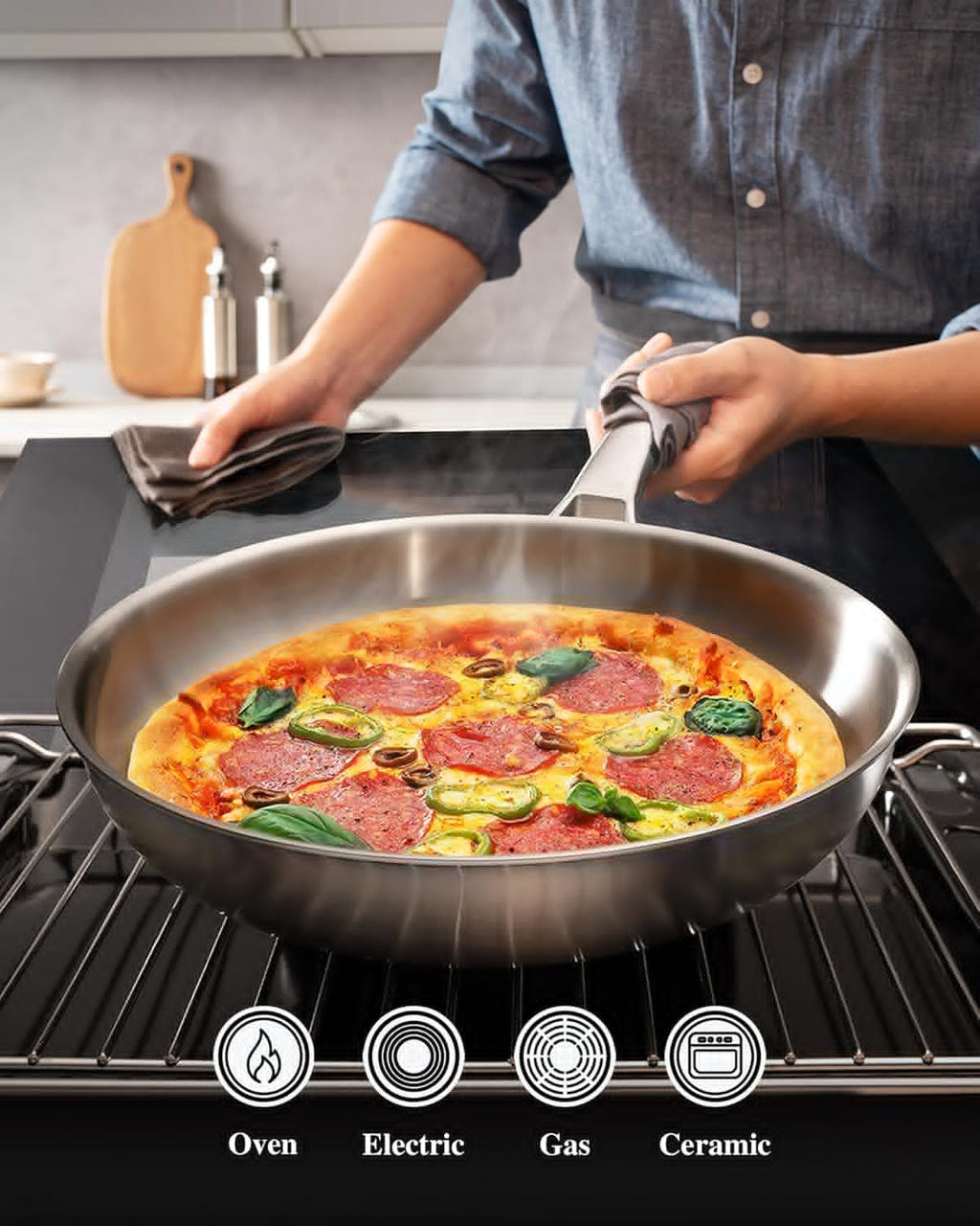VocVoi Stainless Steel Frying Pan - 12 Inch Non-Toxic Tri-Ply Skillet, Oven & Dishwasher Safe