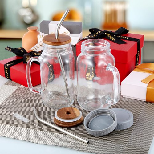DRASTAR Glass Cups for Iced Coffee, 24oz Mason Jar with Lid and Straw, Mason Jar Coffee Cup, Mason Jars with Handle Drinking Glasses Set of 2