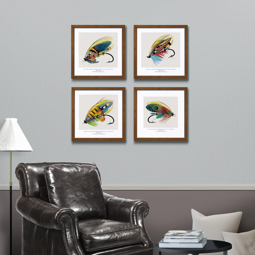 Framed Fly Fishing Art Print Lure Illustration Wall Decor for Anglers' Spaces Fishing - Themed Painting Poster Prints, Outdoor - Ideal for Man Caves, Offices and Lure Lovers' Spaces 16" x 16"