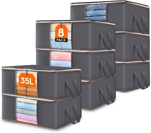 Lifewit 8-Pack 35L Clothes Storage Bins - Foldable Blanket Bags with Zippers & Clear Windows