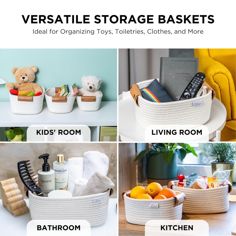 Rope Storage Basket with Leather Handles - Stylish Nursery Storage Bins - Multipurpose Woven Rope Basket - Durable Cotton Organizer - Perfect Gifts for Kids' Room - Small Woven Basket - 3 Sizes