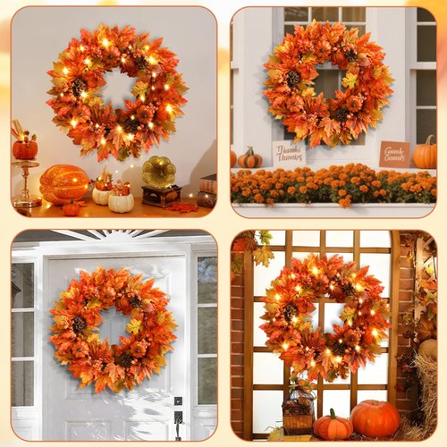 2 Pack Fall Wreaths for Front Door, 20 Inch Autumn Wreath with Pumpkins Maple Leaves for Harvest Home Outdoor Thanksgiving Wall Decor