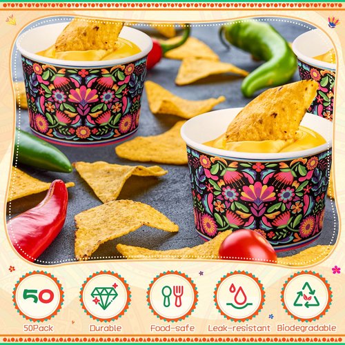 Potchen 50 Pack 9 oz Mexican Paper Bowls Mexican Themed Paper Cups Fiesta Flower Disposable Soup Bowls Snack Cups Plates Cinco De Mayo Party Supplies for Taco Dessert Hot or Cold Food