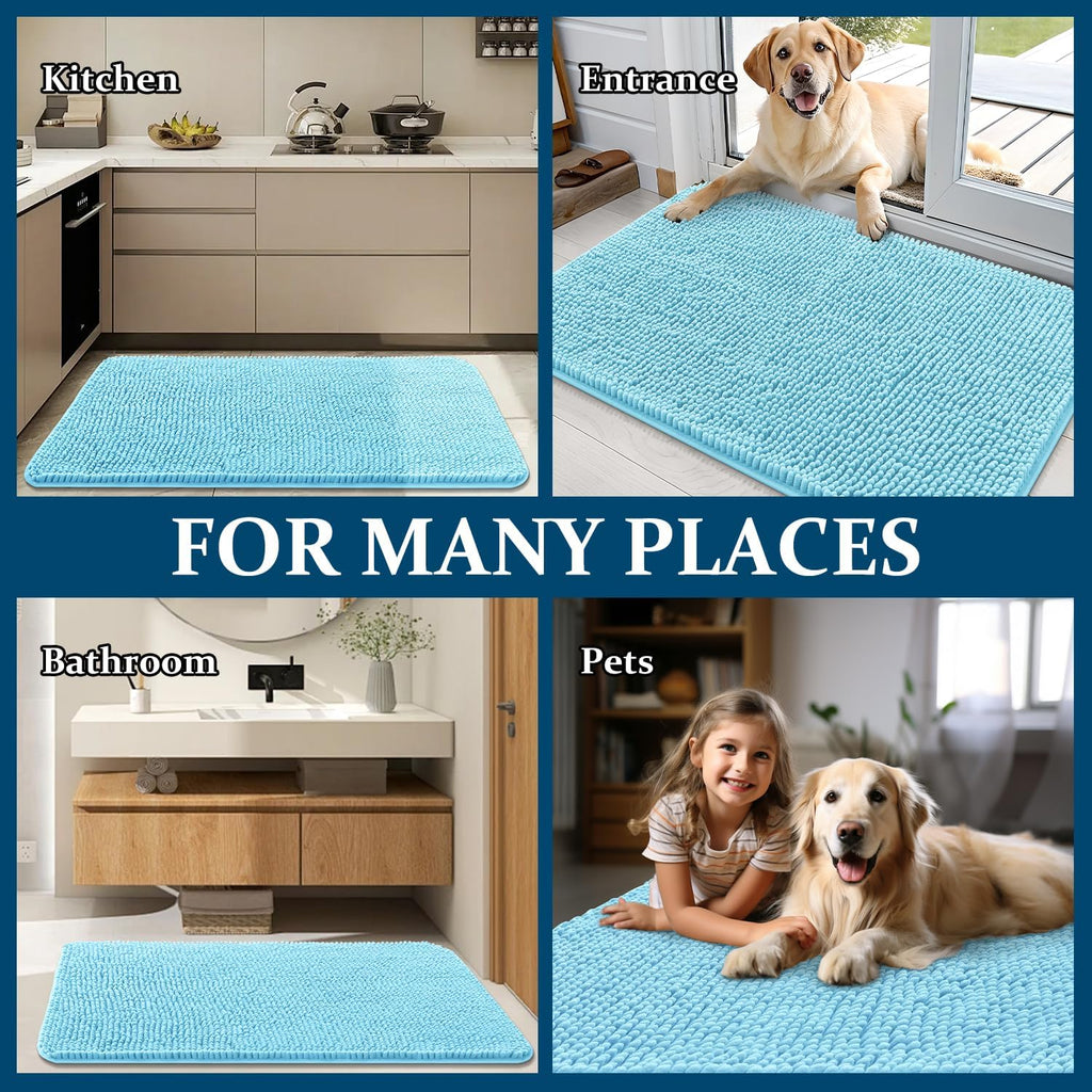 OLANLY Dog Door Mat - Absorbent Non-Slip Washable Chenille Mat for Muddy Paws | 70x24, Blue