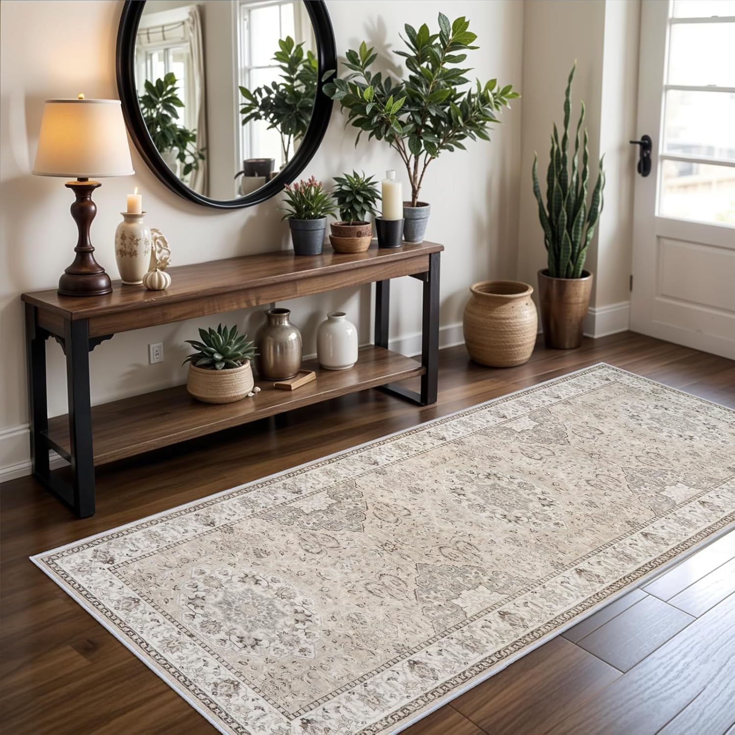 Skiennix Washable 3x7 Runner Rug - Soft, Water-Resistant Indoor Carpet for Entryway, Kitchen & Living Room | Beige
