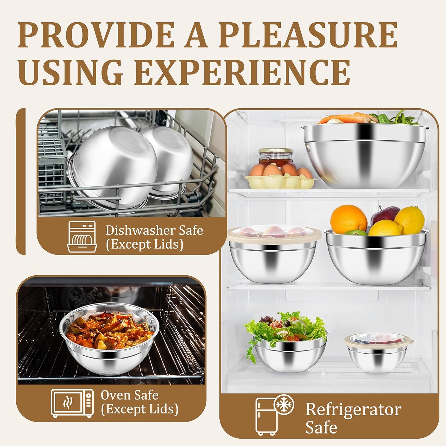 P&P CHEF Stainless Steel Mixing Bowls Set - 10-Piece with Airtight Lids for Kitchen Prep | Sizes 4.6QT to 0.7QT, Khaki