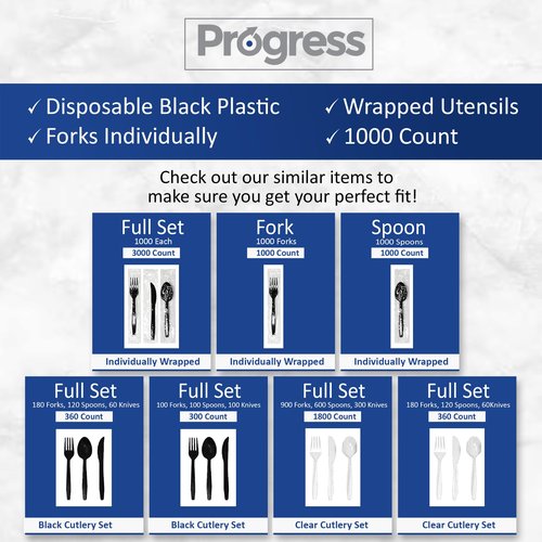 Progress Plastic Cutlery Individually Wrapped Spoons Heavy Duty Disposable [1000 Count- Bulk ] Strong & Durable Black for BBQ Party Supplies Restaurants Office all events Plasticware Disposable Spoons