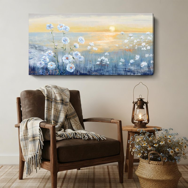 Blue Ocean Sunset Canvas Wall Art for Living Room Abstract Seascape Painting Coastal Beach Wildflowers Picture Natural Sea Landscape Print Sunrise With Yellow Orange Sky Seaside Artwork 20x40inch