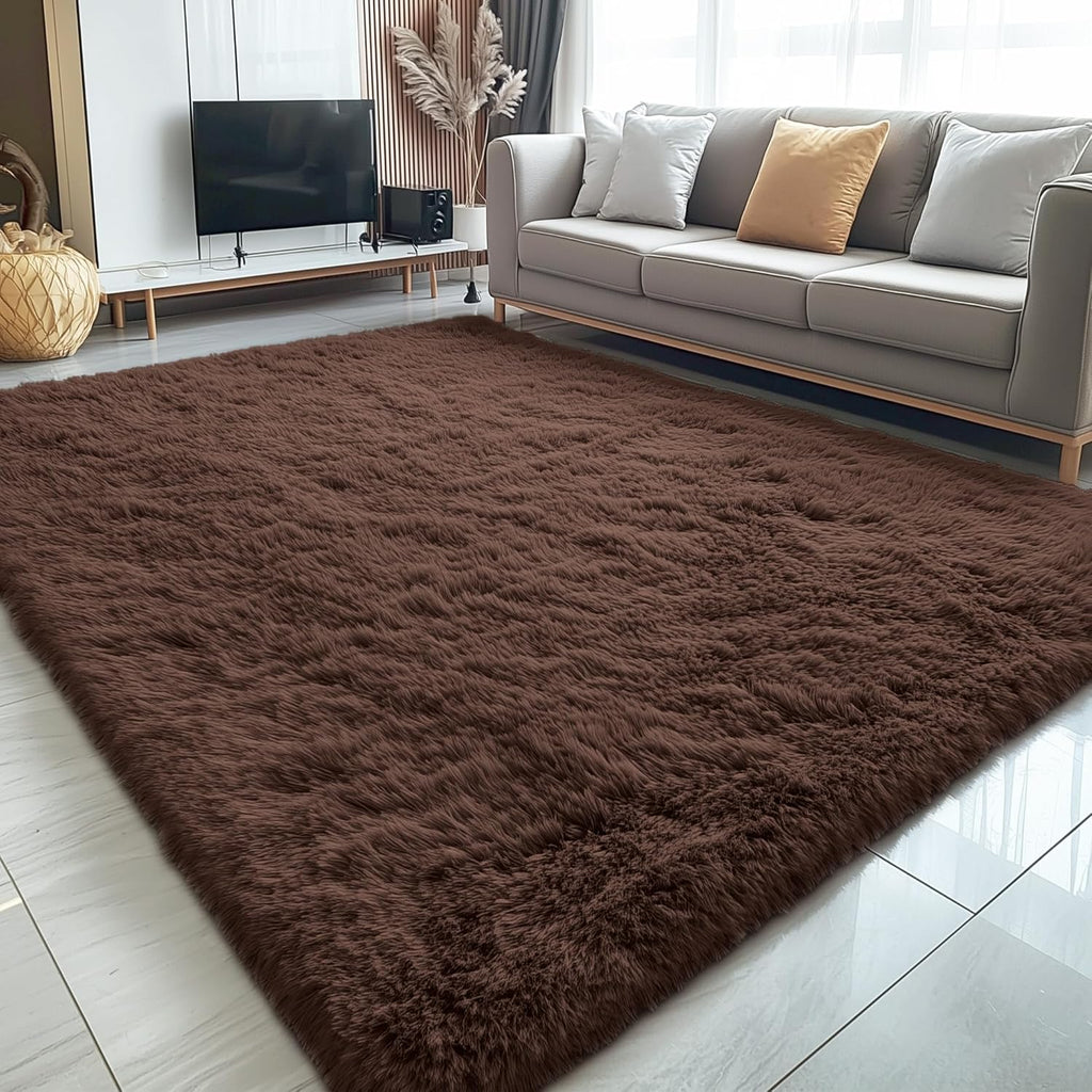OLANLY Area Rugs - Soft Fluffy Shaggy Carpet for Living Room & Bedroom | Machine Washable, 5x6 ft, Coffee