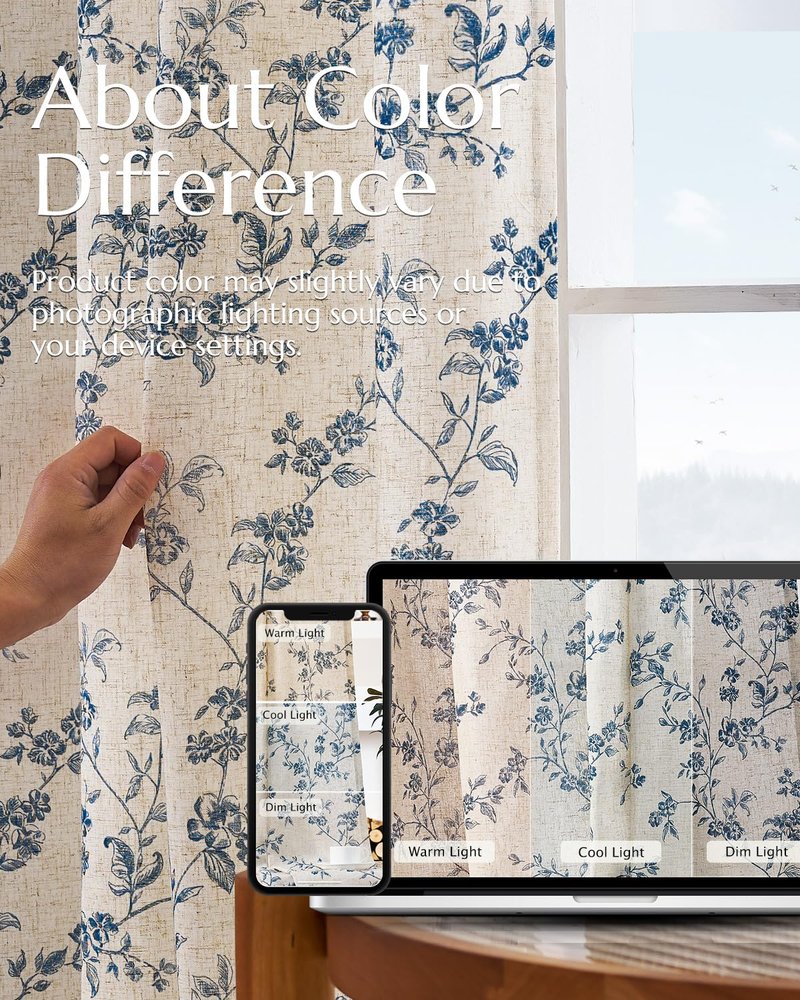 jinchan Linen Floral Curtains for Living Room 84 Inch Length Blue Printed Curtains Back Tab French Country Farmhouse Flower Patterned Drapes Bedroom Window Curtain Set 2 Panels