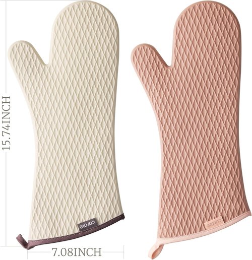 CAROTE Extra Long Oven Mitts - Heat Resistant Non-Slip Silicone Gloves for Baking & Grilling | 2-Piece Set, Beige