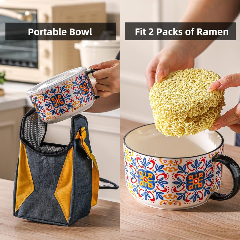 Chubacoo Jumbo Soup Bowl with Lid: 38 oz Ceramic Soup Mug with Big Handle for Ramen Cereal Breakfast Meal Prep Office Lunch Dorm Living - Microwave Safe Extra Large Food Container - Pattern C