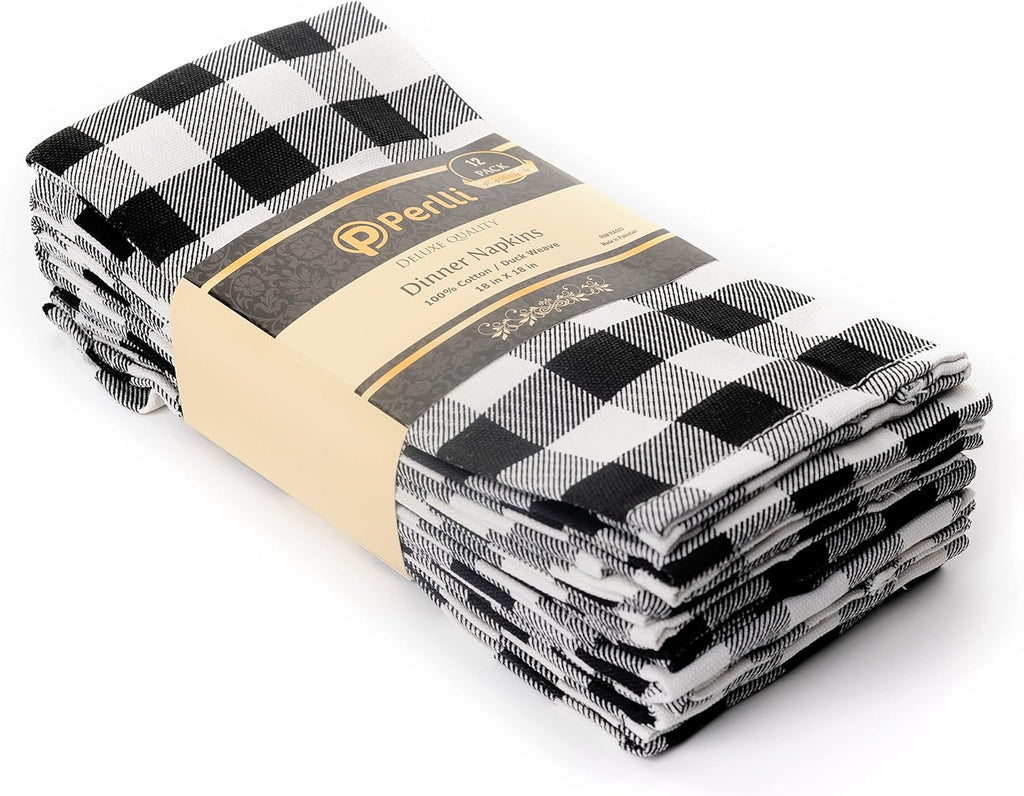 PERLLI Kitchen Cloth Napkins - 12 Pack 18x18 Inches | 100% Cotton Black and White Plaid Design, Washable & Reusable for Elegant Table Settings