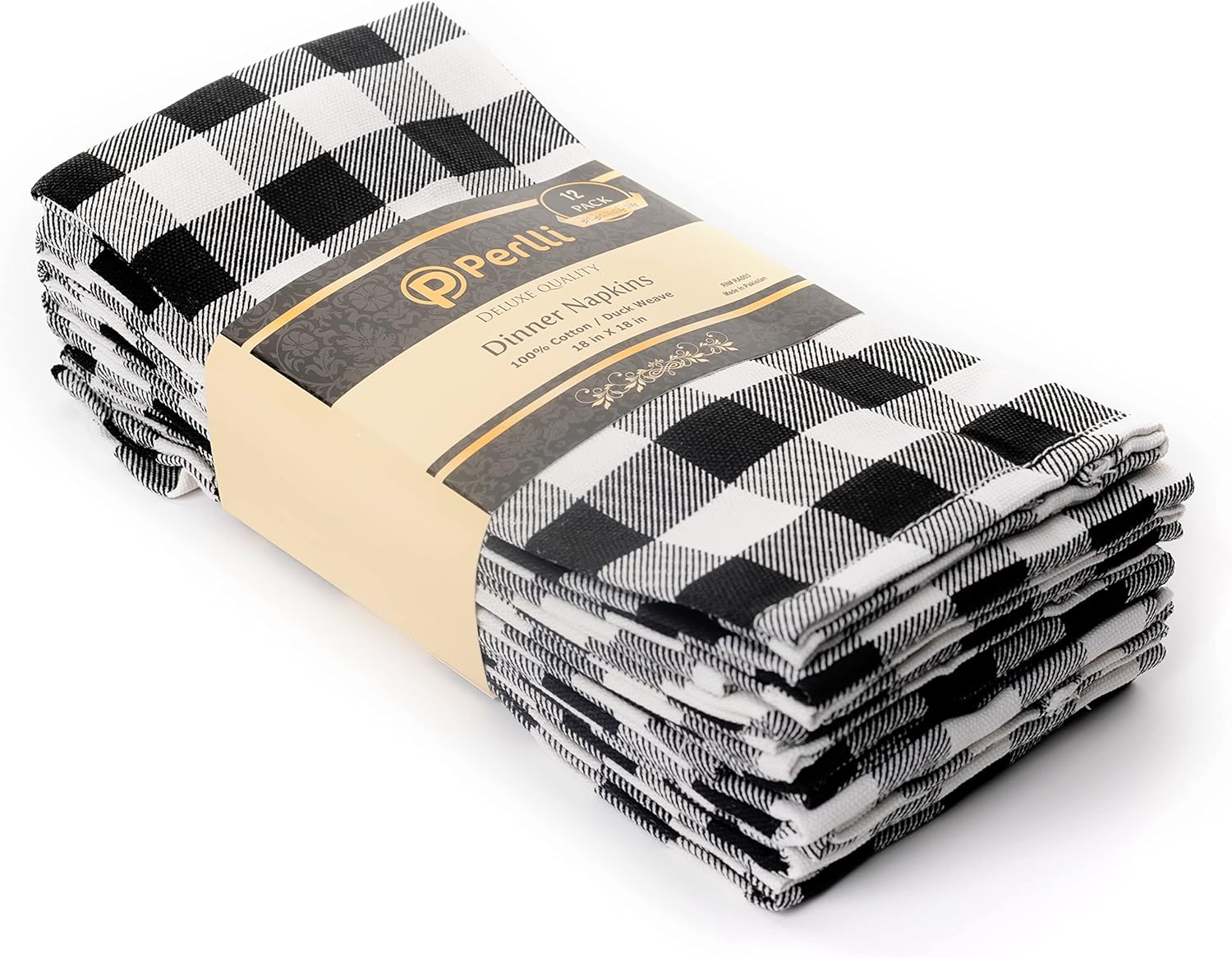 PERLLI Kitchen Cloth Napkins - 12 Pack 18x18 Inches | 100% Cotton Black and White Plaid Design, Washable & Reusable for Elegant Table Settings