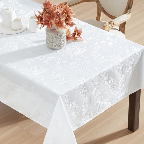 Laura Ashley Tablecloth Raised Woven Embroidered Jacquard Fabric, Wrinkle Resistant for Dining, Holiday, Party, Wedding or Banquet, 60" x 102", Cynthia White