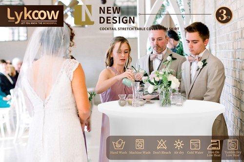 3 Packs Cocktail Table Covers Spandex Stretch White Round Tablecloth with Skirt, 32"x 43" Upgraded Model Cocktail Table Skirt Fitted High Top Stretch Table Dress for Party Wedding Banquet Table