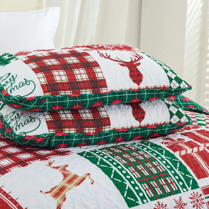 WONGS BEDDING Christmas Quilt Set Queen Size, Reversible Christmas 3-Piece Bedspread Set with Elk Snowflake Pattern, Soft and Lightweight Plaid Quilt Coverlet Bed Set for All Season(96"×90“)